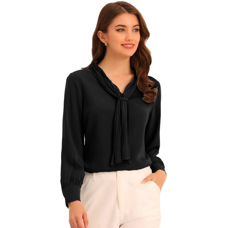 アレグラ ケー レディース トップス シャツ シフォン プリーツ ブラウス ALLEGRA K Women's Long Sleeve Blouses Chiffon Pleated Tie Neck Office Top Shirt Black ブラック