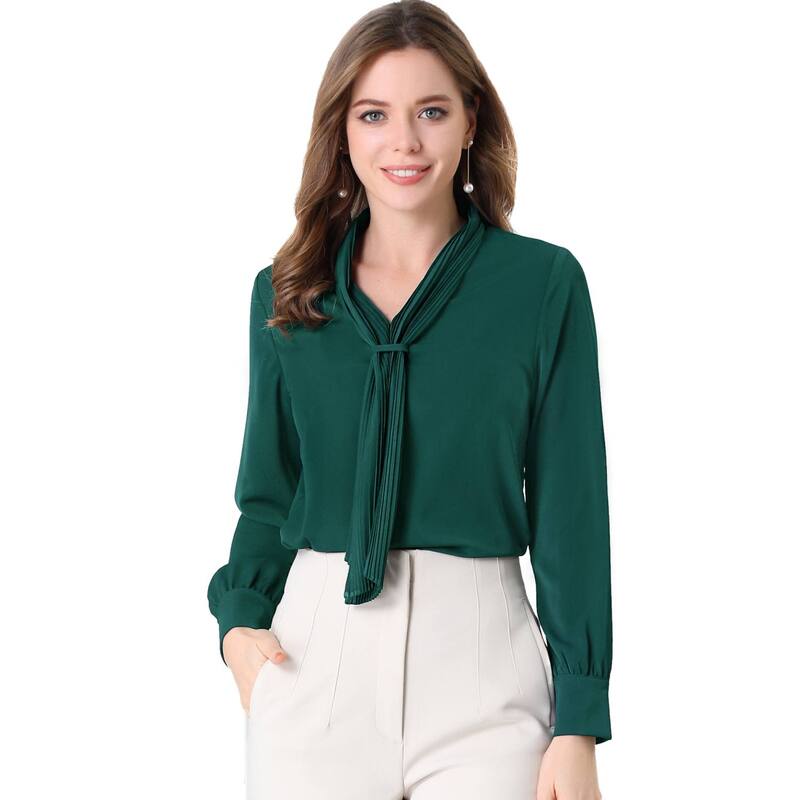 アレグラ ケー レディース トップス シャツ シフォン プリーツ ブラウス ALLEGRA K Women's Long Sleeve Blouses Chiffon Pleated Tie Neck Office Top Shirt Dark Green グリーン