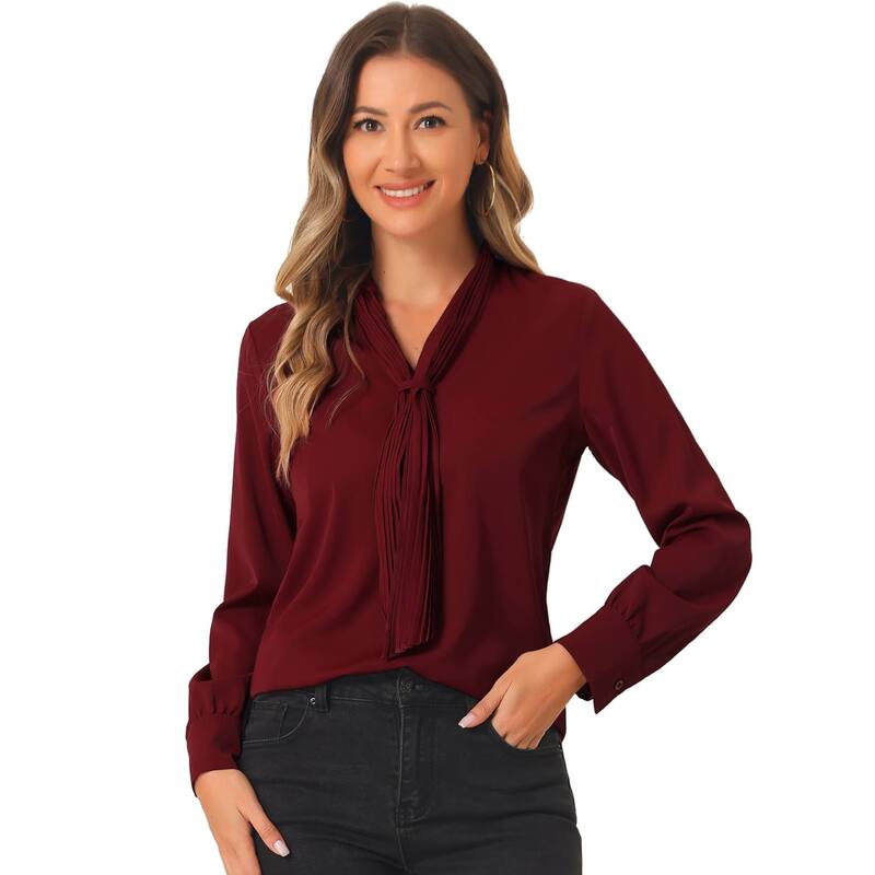 アレグラ ケー レディース トップス シャツ シフォン プリーツ ブラウス ALLEGRA K Women's Long Sleeve Blouses Chiffon Pleated Tie Neck Office Top Shirt Dark Red レッド