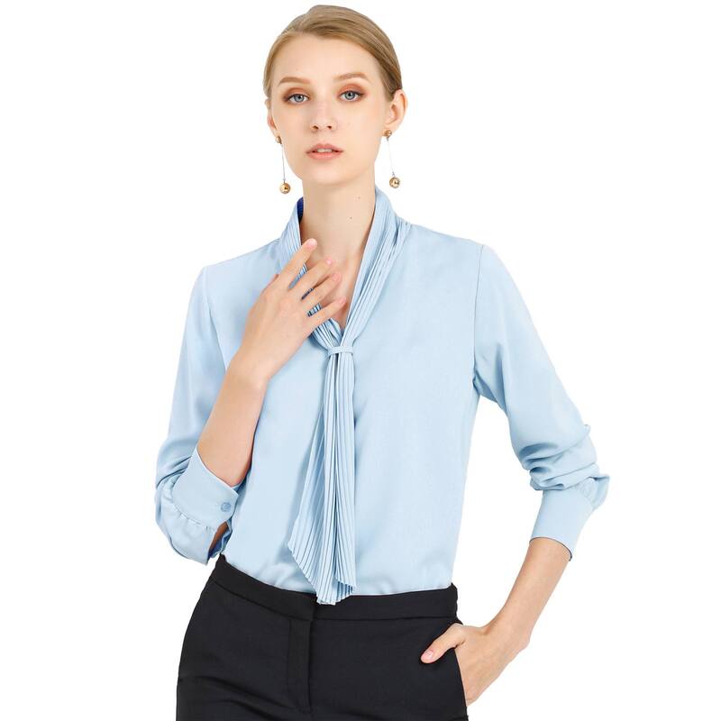 アレグラ ケー レディース トップス シャツ シフォン プリーツ ブラウス ALLEGRA K Women's Long Sleeve Blouses Chiffon Pleated Tie Neck Office Top Shirt Light Blue ブルー