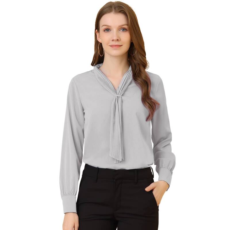 アレグラ ケー レディース トップス シャツ シフォン プリーツ ブラウス ALLEGRA K Women's Long Sleeve Blouses Chiffon Pleated Tie Neck Office Top Shirt Light Gray グレー