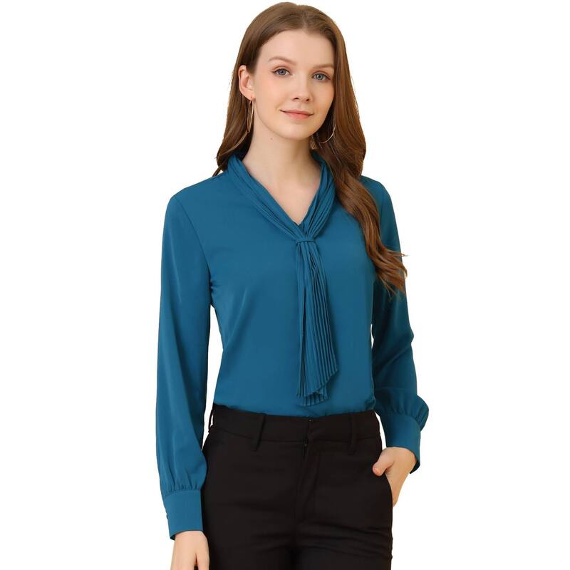 アレグラ ケー レディース トップス シャツ シフォン プリーツ ブラウス ALLEGRA K Women's Long Sleeve Blouses Chiffon Pleated Tie Neck Office Top Shirt Peacock Blue ブルー