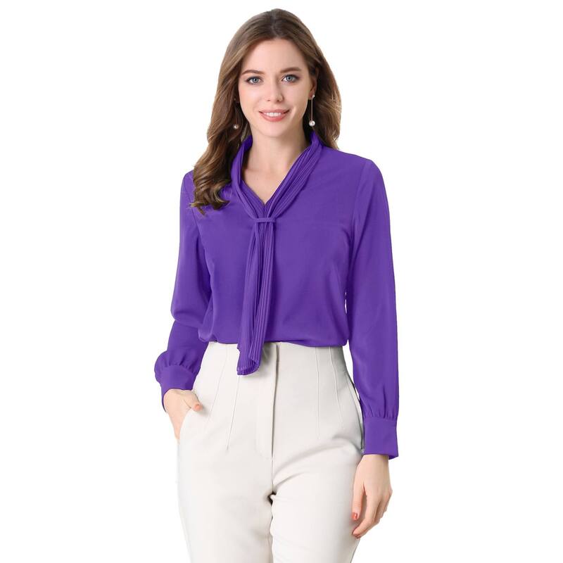 アレグラ ケー レディース トップス シャツ シフォン プリーツ ブラウス ALLEGRA K Women's Long Sleeve Blouses Chiffon Pleated Tie Neck Office Top Shirt Purple パープル