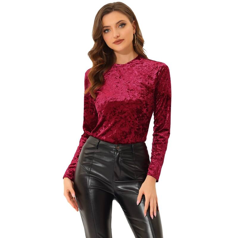 アレグラ ケー レディース トップス シャツ ベルベット ALLEGRA K Women's Velvetops Round Neck Long Sleeve Casual T-Shirt Burgundy バーガンディ 8,015円