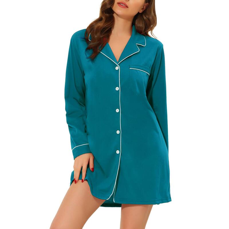 cheibear レディース アンダーウェア ナイトウェア ボタンダウン シャツ ダウン cheibear Women'summer Notched Lapel Short Sleeves Button Down Sleepshirt Dark Green グリーン