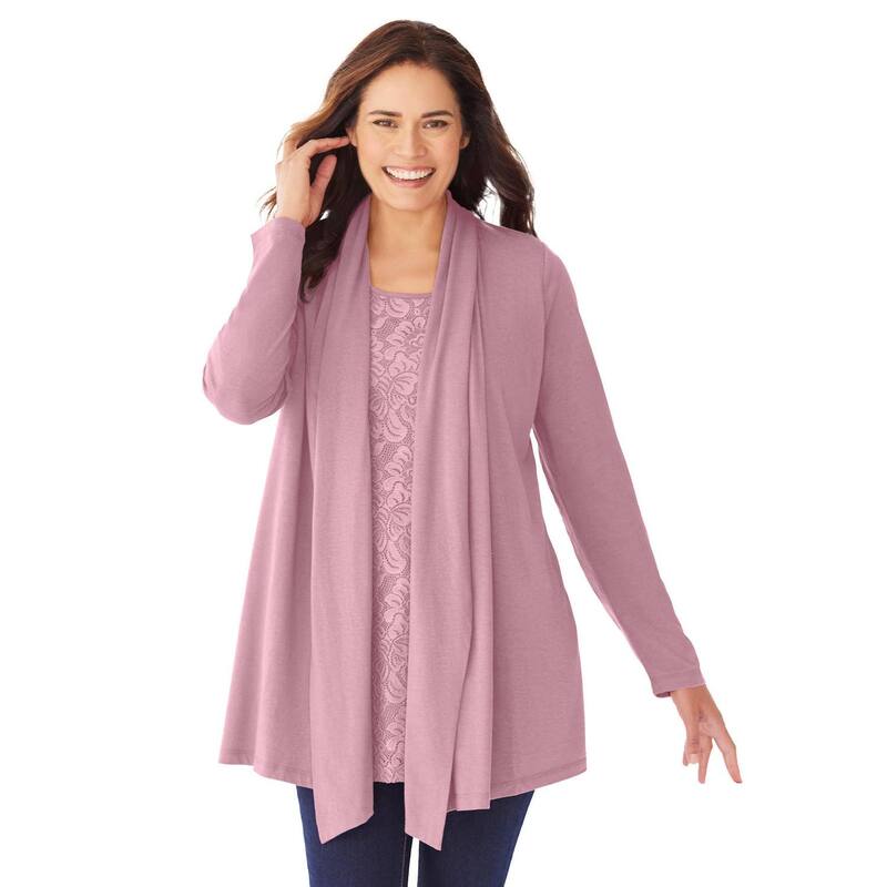 ウーマン ウィズイン レディース トップス Tシャツ プラスサイズ カーディガン レース Woman Within Plusize 2-Fer Cardigan & Attached Lace Tunic Dusty Pink ピンク