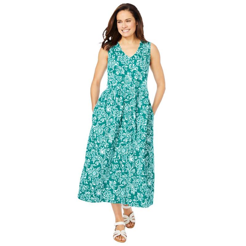 ウーマン ウィズイン レディース トップス ワンピース プラスサイズ ノースリーブ Woman Within Plusize Sleeveless Button Front Dress Waterfall Stencil｜ReVida 店