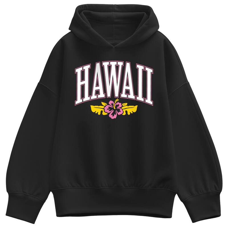 アニメキャラクター レディース トップス Tシャツ スウェット フリース パーカー LICENSED CHARACTER Women's Hawaii Hibiscus Collegiate Oversized Fleece Hoodie Sweatshirt Black ブラック｜ReVida 店