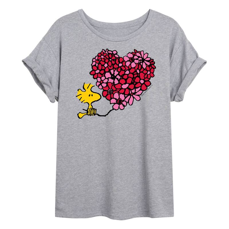 アニメキャラクター レディース トップス Tシャツ フラワー柄 フラワー Licensed Character Juniors' Peanuts Woodstock Valentine's Day Floral Heart Oversized Tee Gray グレー