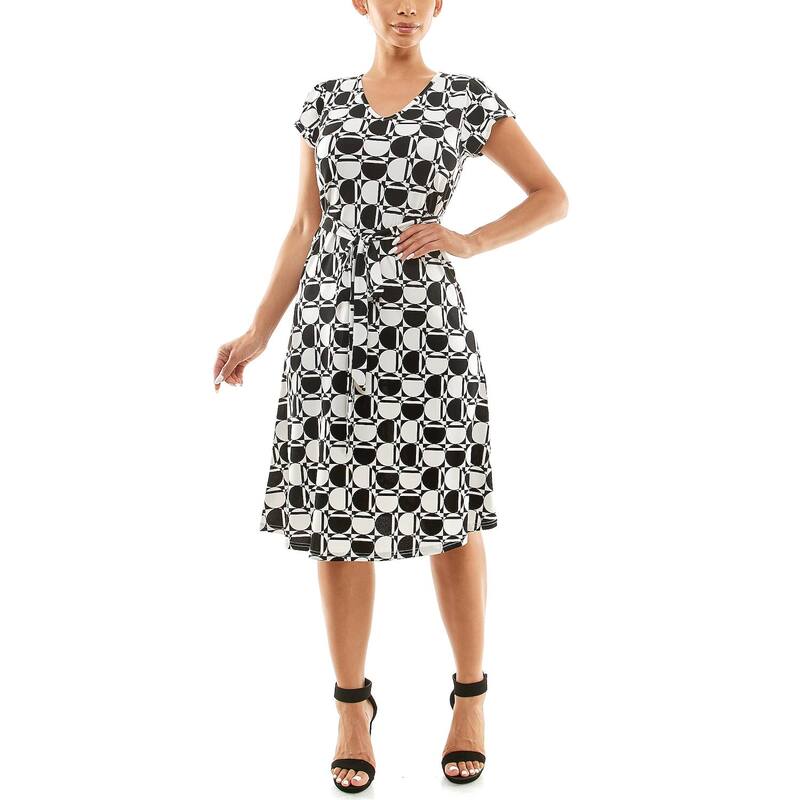 ニナレオナルド レディース トップス ワンピース キャップ Women Nina Leonard Cap Sleeve Self Sash Dress Black Ivory Multi アイボリー