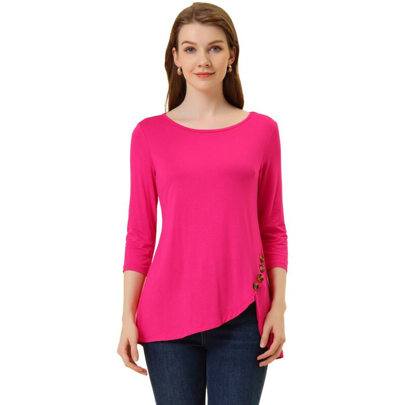 アレグラ ケー レディース トップス シャツ アシンメトリー ALLEGRA K Women's Round Neck 3/4 Sleeve Asymmetric Hem Casual Tunic Top Hot Pink ピンク