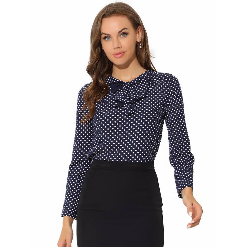 アレグラ ケー レディース トップス シャツ ドット フリル ブラウス ALLEGRA K Women's Ruffle Neck Long Sleeve Polka Dots Blouse Shirts Dark Blue Polka Dots ブルー