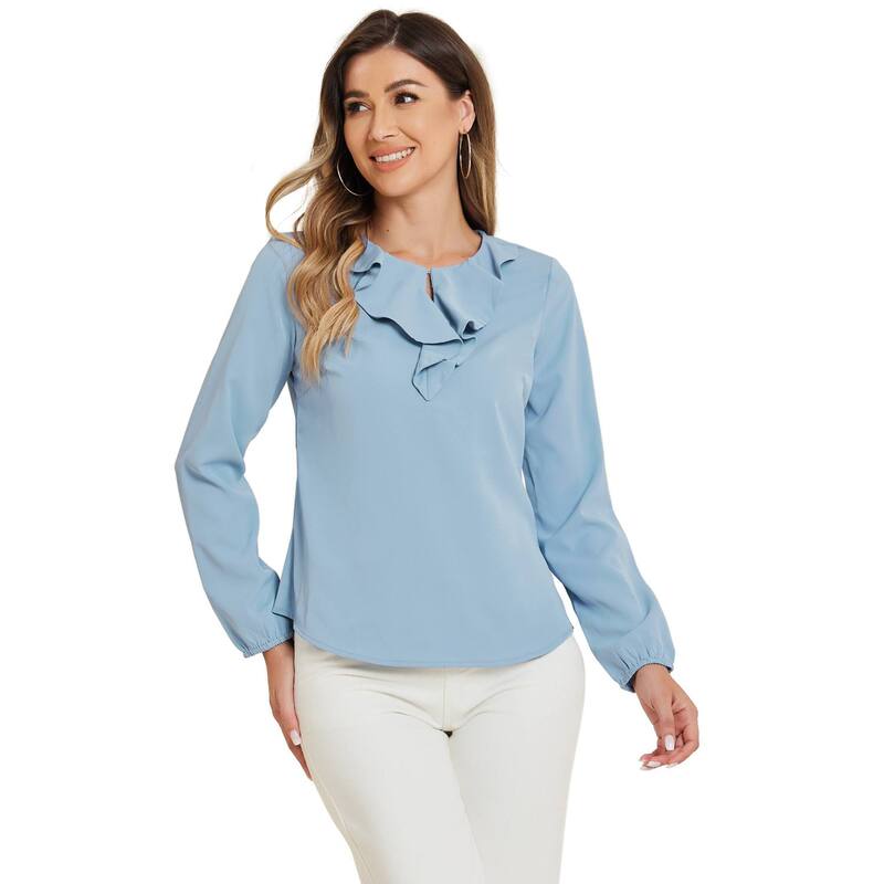 アレグラ ケー レディース トップス シャツ ドット フリル ブラウス ALLEGRA K Women's Ruffle Neck Long Sleeve Polka Dots Blouse Shirts Dusty Blue Solid ブルー