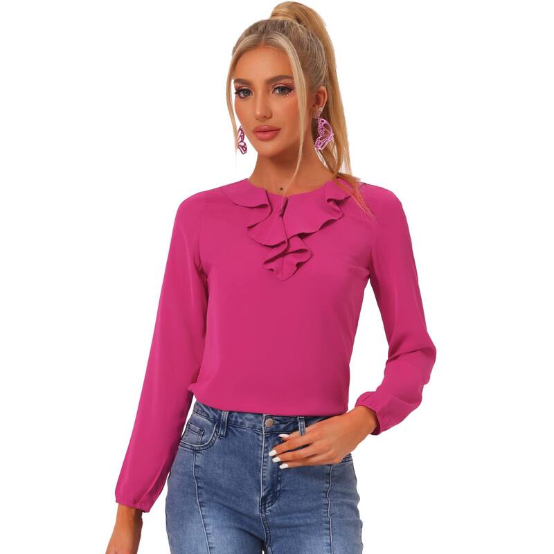 アレグラ ケー レディース トップス シャツ ドット フリル ブラウス ALLEGRA K Women's Ruffle Neck Long Sleeve Polka Dots Blouse Shirts Fushcia Solid｜ReVida 店
