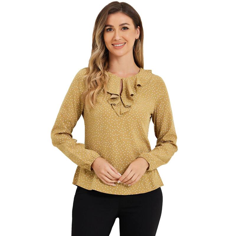 アレグラ ケー レディース トップス シャツ ドット フリル ブラウス ALLEGRA K Women's Ruffle Neck Long Sleeve Polka Dots Blouse Shirts Khaki Dots カーキ
