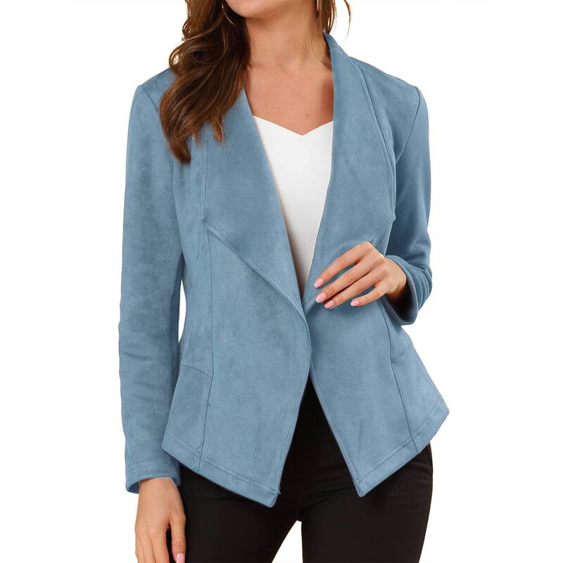 アレグラ ケー レディース アウター 上衣・上衣 ドレープ スエードクロス ジレー ALLEGRA K Women\u0027s Faux Suede Drape Collar Long Sleeves Open Front Cardigan Gray Blue 薄墨色