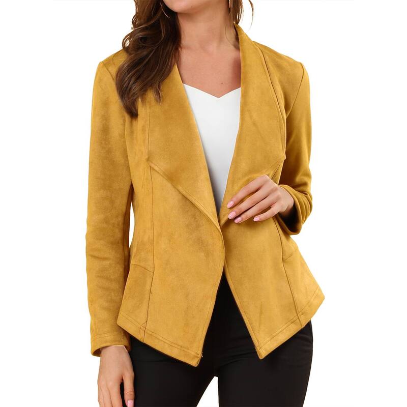 アレグラ ケー レディース アウター 上衣・上衣 ドレープ スエードクロス ジレー ALLEGRA K Women\u0027s Faux Suede Drape Collar Long Sleeves Open Front Cardigan Mustard 洋芥子