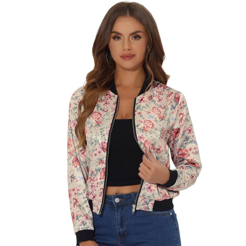 アレグラ ケー レディース アウター ジャケット・ブルゾン フラワー柄 プリント フラワー ALLEGRA K Womentand Collar Zip up Floral Prints Crop Length Bomber Jacket Beige ベージュ