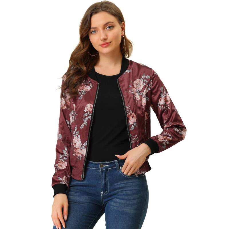アレグラ ケー レディース アウター ジャケット・ブルゾン フラワー柄 プリント フラワー ALLEGRA K Women'stand Collar Zip up Floral Prints Crop Length Bomber Jacket Burgundy バーガンディ
