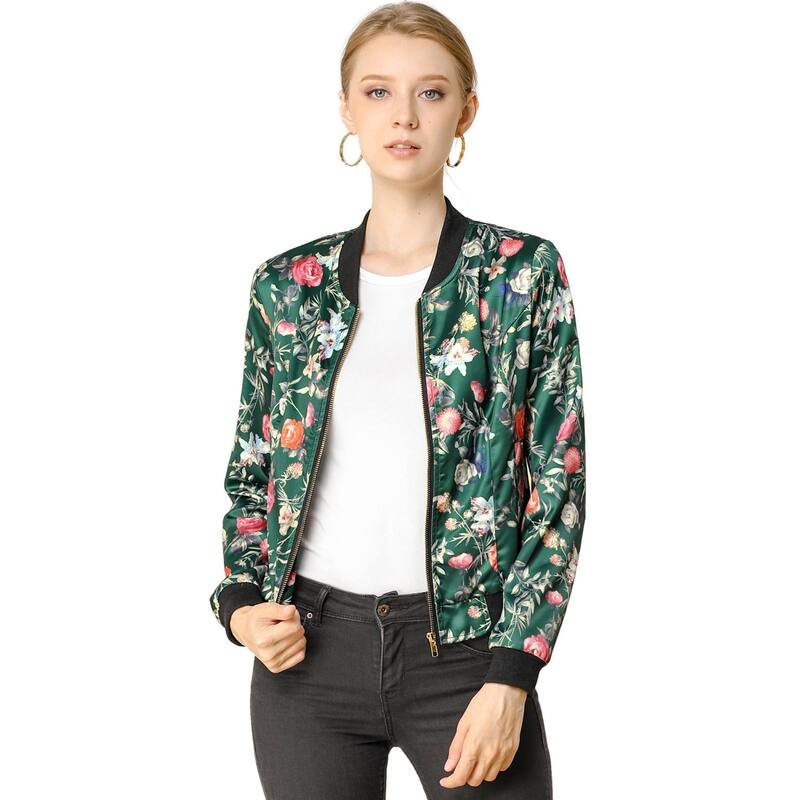 アレグラ ケー レディース アウター ジャケット・ブルゾン フラワー柄 プリント フラワー ALLEGRA K Womentand Collar Zip up Floral Prints Crop Length Bomber Jacket Dark Green グリーン