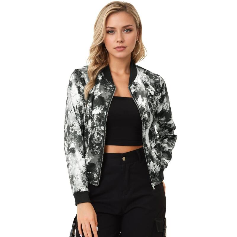 アレグラ ケー レディース アウター ジャケット・ブルゾン フラワー柄 プリント フラワー ALLEGRA K Women'stand Collar Zip up Floral Prints Crop Length Bomber Jacket Gray グレー|ReVida 店