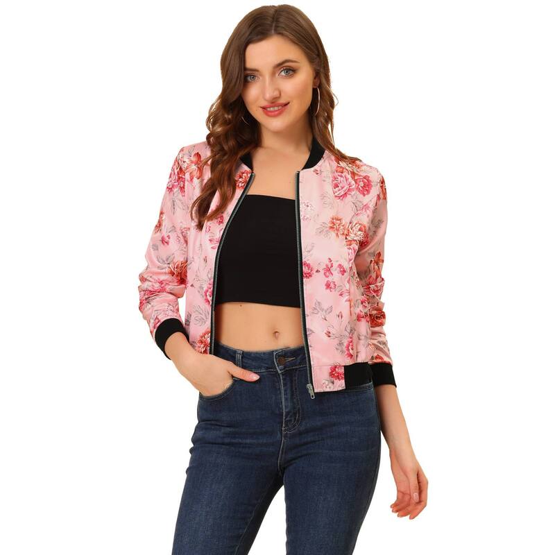 アレグラ ケー レディース アウター ジャケット・ブルゾン フラワー柄 プリント フラワー ALLEGRA K Womentand Collar Zip up Floral Prints Crop Length Bomber Jacket Pink ピンク