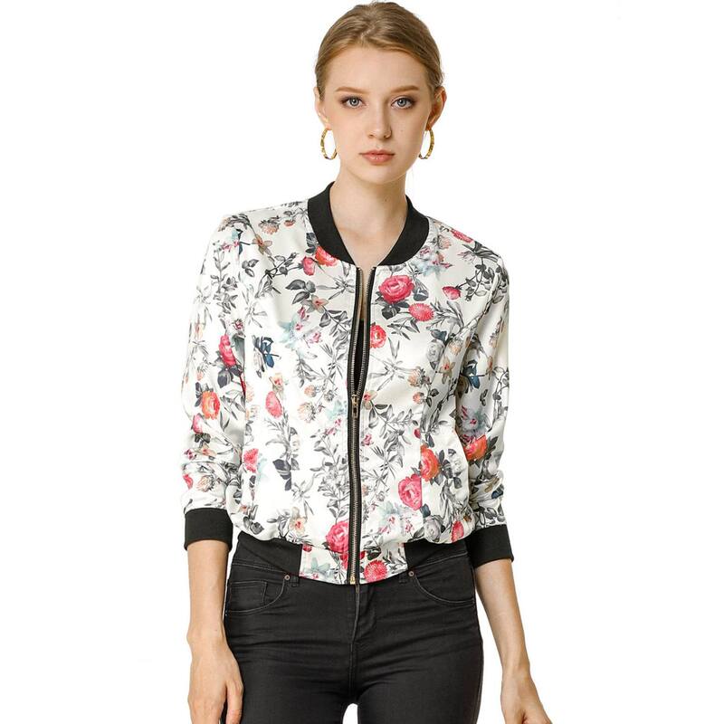 アレグラ ケー レディース アウター ジャケット・ブルゾン フラワー柄 プリント フラワー ALLEGRA K Women'stand Collar Zip up Floral Prints Crop Length Bomber Jacket White ホワイト|ReVida 店
