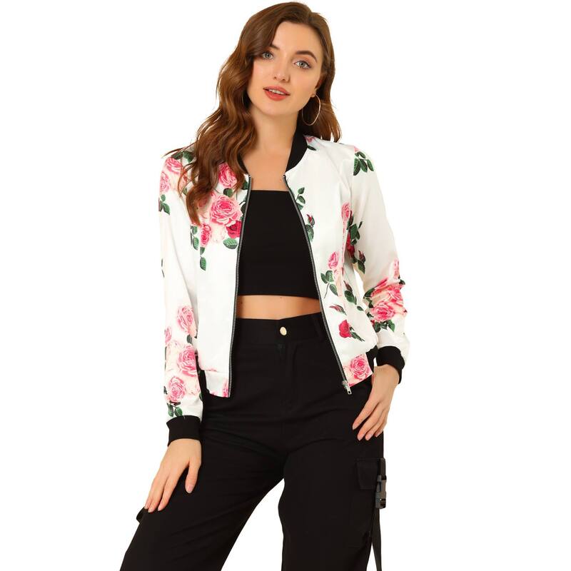 アレグラ ケー レディース アウター ジャケット・ブルゾン フラワー柄 プリント フラワー ALLEGRA K Womentand Collar Zip up Floral Prints Crop Length Bomber Jacket White Pink ホワイト