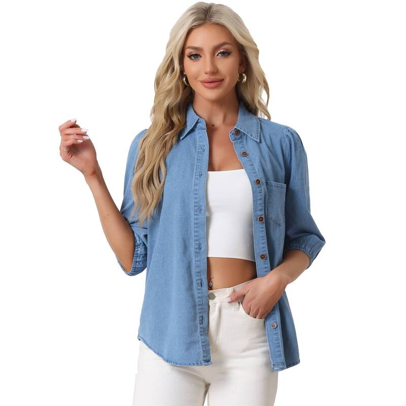 アレグラ ケー レディース トップス シャツ ボタンダウン デニム ALLEGRA K Denim Shirt for Women's 3/4 Puffy Sleeve Collar Button Down Jean Shirts Blue ブルー|ReVida 店