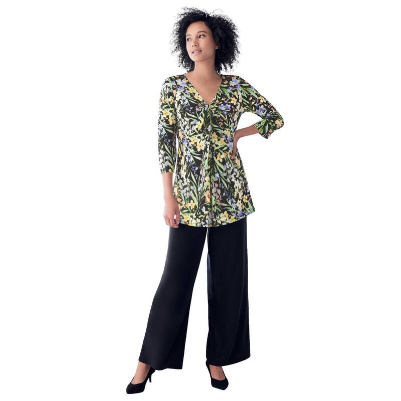 Ellos レディース トップス Tシャツ Vネック プラスサイズ ニット ellos Plusize Stretch Knit V-Neck 3/4 Sleeve Knot Frontunic Black Pastel Floral ブラック