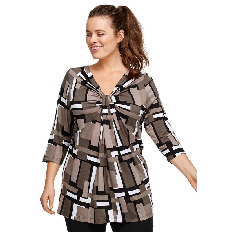 Ellos レディース トップス Tシャツ Vネック プラスサイズ ニット ellos Plusize Stretch Knit V-Neck 3/4 Sleeve Knot Frontunic Black White Print ホワイト 10,904円