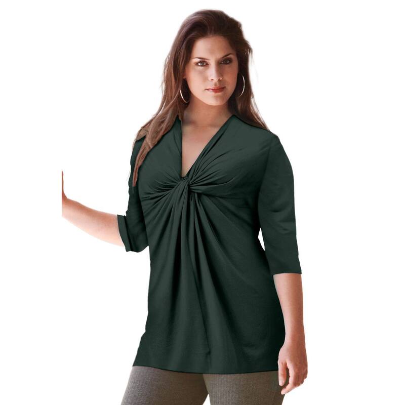 Ellos レディース トップス Tシャツ Vネック プラスサイズ ニット ellos Plusize Stretch Knit V-Neck 3/4 Sleeve Knot Frontunic Deep Emerald エメラルド