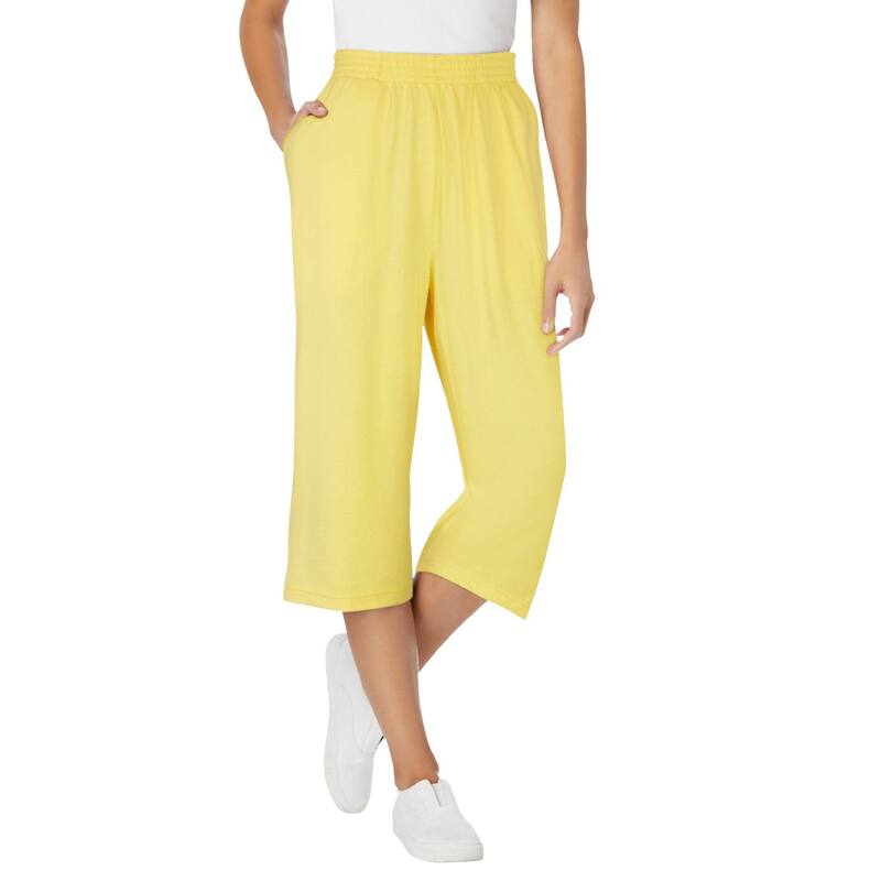 ウーマン ウィズイン レディース ボトムス カジュアルパンツ プラスサイズ プチ キャップ ニット Woman Within Plusize Petitelastic-Waist Pull-On Knit Pocket Capri Pants Primrose Yellow イエロー