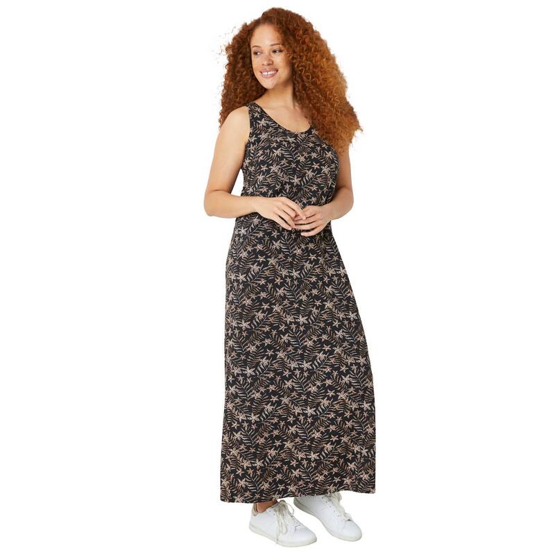 Ellos レディース トップス 衣装 A 伝達ルート つけ加える大きさ ノースリーブ 綿織物 マキシ ellos Plusize Cotton Spandex Scoop Neck Sleeveless A Line Maxi Dress Black Tan Fern Print 黒いこと