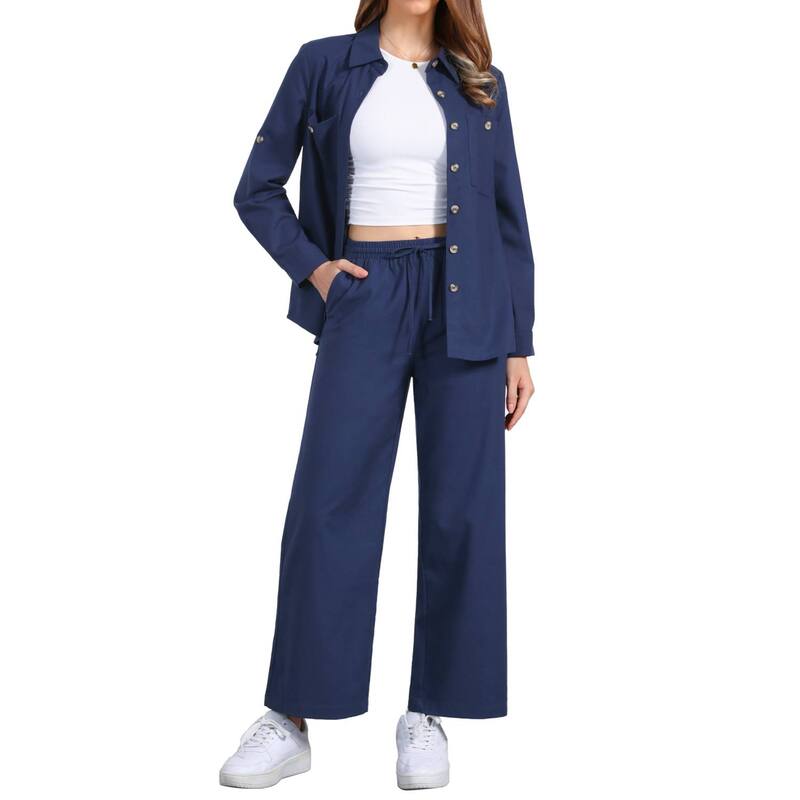 アレグラ ケー レディース アウター ジャケット・ブルゾン ワイドレッグ ボタンダウン パンツ シャツ ダウン リネン ALLEGRA K Women's 2 Piece Linen Set Button Down Shirt Drawstring Wide Leg Pants Casual Outfits Navy Blue ネイビー