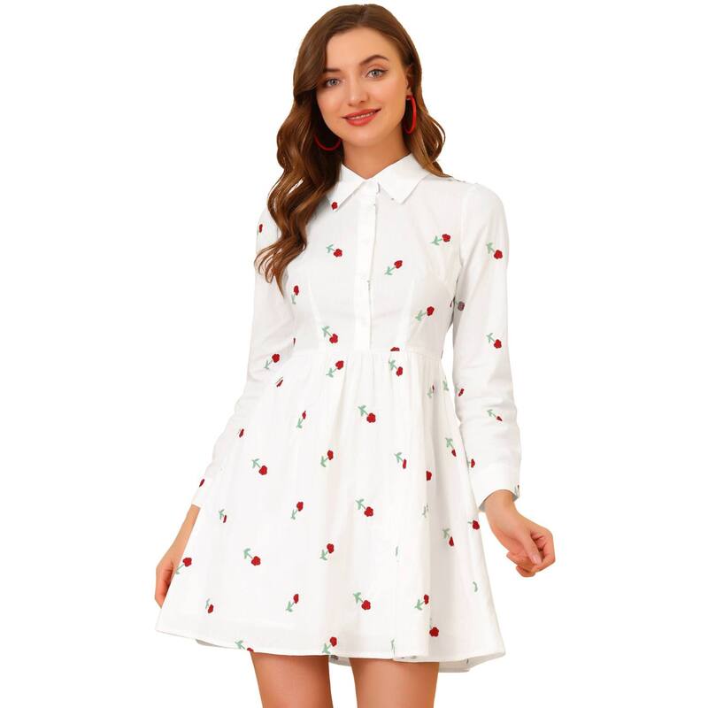 アレグラ ケー レディース トップス ワンピース フラワー柄 ミニ シャツ 刺繍 フラワー ALLEGRA K Women'shirt Dress Embroidered Floralong Sleeve Button Placket Mini Dresses White ホワイト