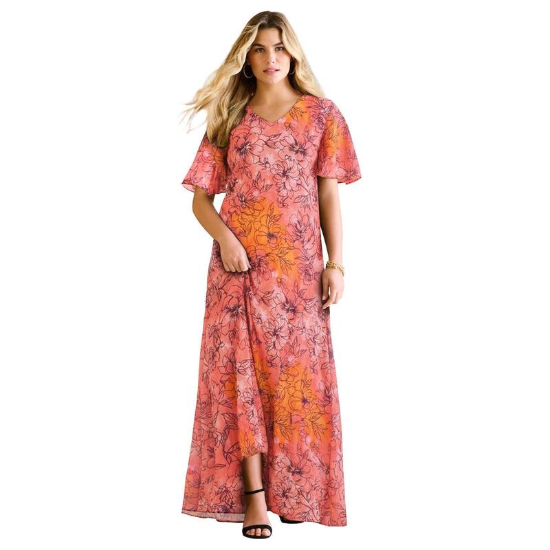ロアマンズ レディース トップス ワンピース プラスサイズ Roaman's Women's Plusize Flutter Sleeve Crinkle Dress Coral Tie Dye Floral コーラル