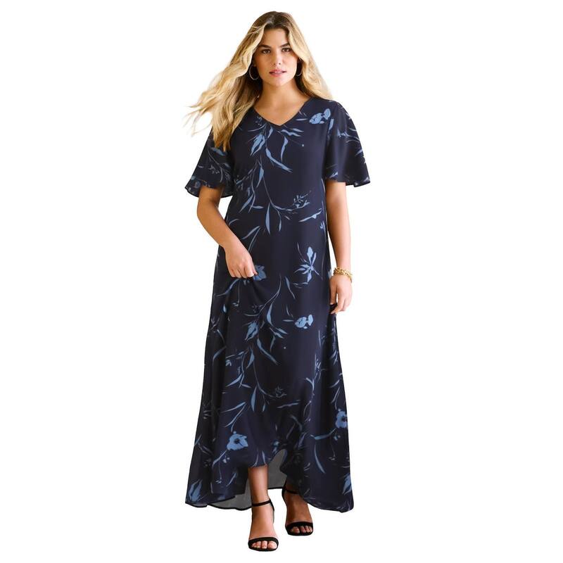ロアマンズ レディース トップス ワンピース プラスサイズ Roaman's Women's Plusize Flutter Sleeve Crinkle Dress Navy Blue Floral ネイビー