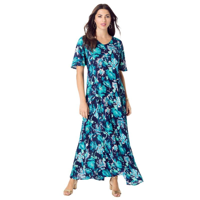 ロアマンズ レディース トップス ワンピース プラスサイズ Roaman's Women's Plusize Flutter Sleeve Crinkle Dress Navy Painted Floral ネイビー|ReVida 店