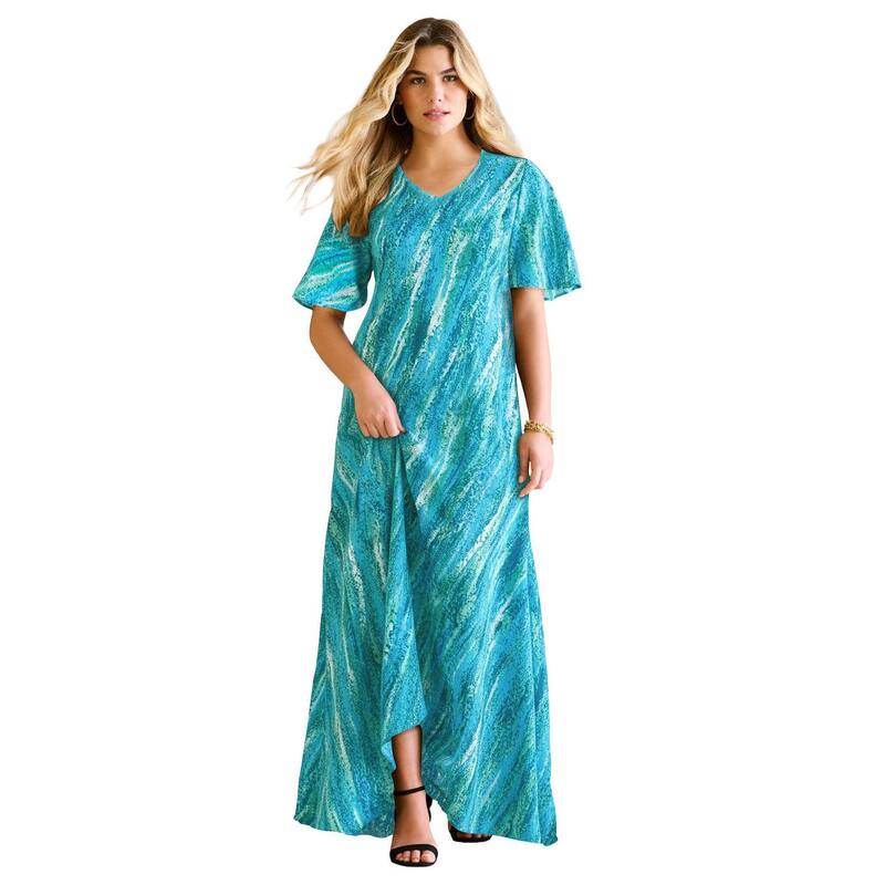 ロアマンズ レディース トップス ワンピース プラスサイズ Roaman's Women's Plusize Flutter Sleeve Crinkle Dress Ocean Textured Stripe ストライプ|ReVida 店