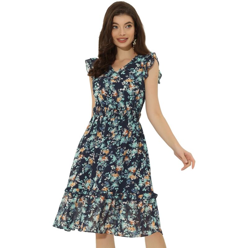 アレグラ ケー レディース トップス 衣装 V素っ首 御花柄 フラウンス シャーリング 御花 ALLEGRA K Women\u0027s Flutter Sleeves V Neck Smocked Waist Ruffle Floral Dresses Dark Blue White 白いこと