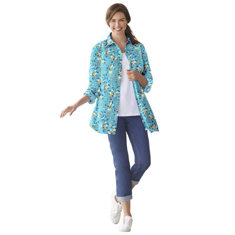 ウーマン ウィズイン レディース トップス シャツ プラスサイズ Woman Within Plusize Perfect Long Sleeve Shirt Aquamarine Pretty｜ReVida 店