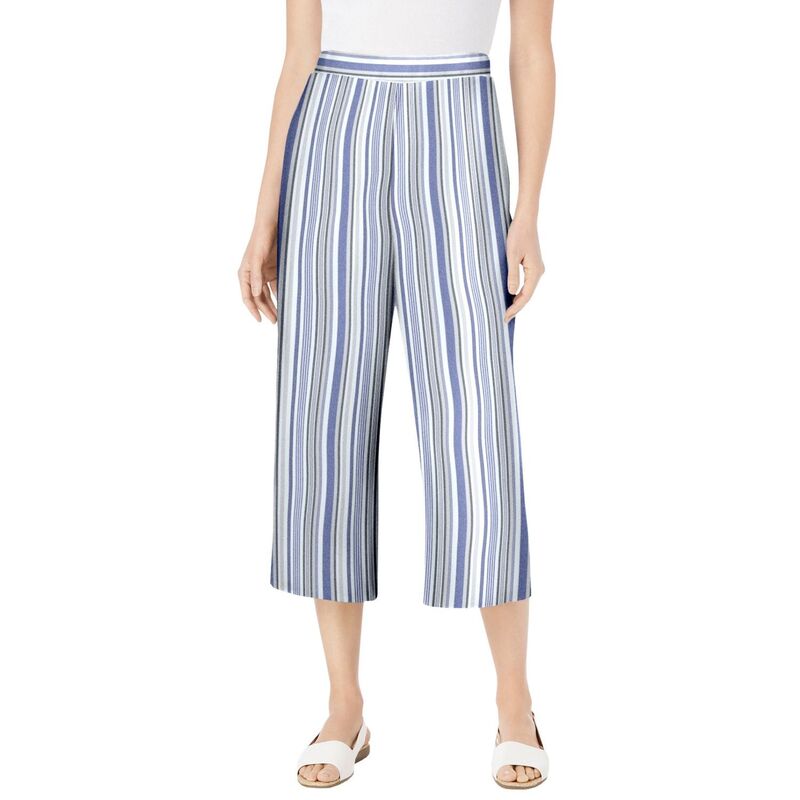 ウーマン ウィズイン レディース ボトムス カジュアルパンツ プラスサイズ プチ キャップ リネン Woman Within Plusize Petite Linen Capri Deep Cobalt Stripe コバルト
