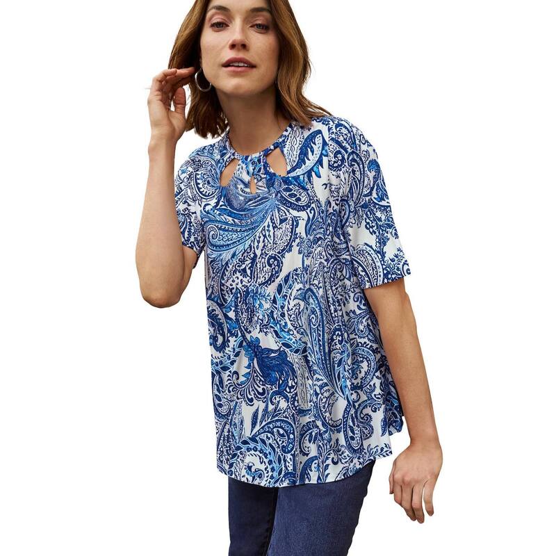 ジェシカロンドン レディース トップス Tシャツ カットアウト プラスサイズ ニット Jessica London Women's Plusize Stretch Knit Cutout Swing Tunic Azure Mist Paisley