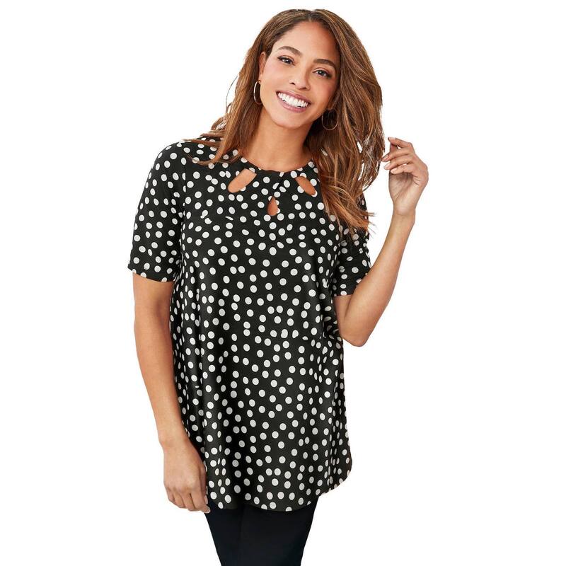 ジェシカロンドン レディース トップス Tシャツ カットアウト プラスサイズ ニット Jessica London Women's Plusize Stretch Knit Cutout Swing Tunic Black White Dot ホワイト
