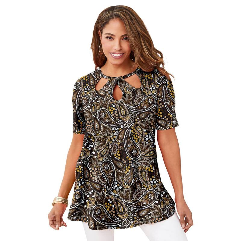 ジェシカロンドン レディース トップス Tシャツ カットアウト プラスサイズ ニット Jessica London Women's Plusize Stretch Knit Cutout Swing Tunic Brown Garden Paisley ブラウン｜ReVida 店