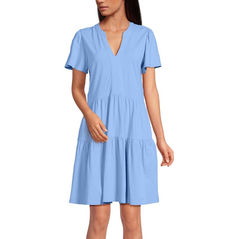 ランズエンド レディース トップス ワンピース ティアード ミニ コットン ジャージー Women's Lands' End Cotton Jersey Tiered Mini Dress Clear Blue Sky ブルー