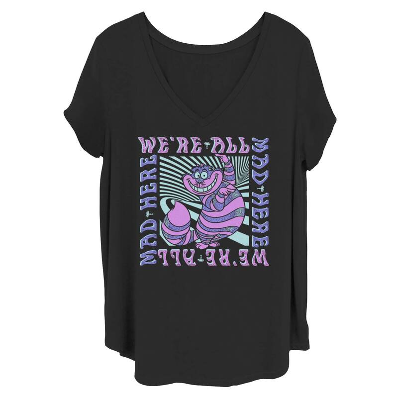 ディズニー レディース トップス Tシャツ Vネック プラスサイズ グラフィック Disney's Alice In Wonderland Juniors' Plusize Cheshire Cat We're All Mad Box Up V-Neck Graphic Tee Black ブラック