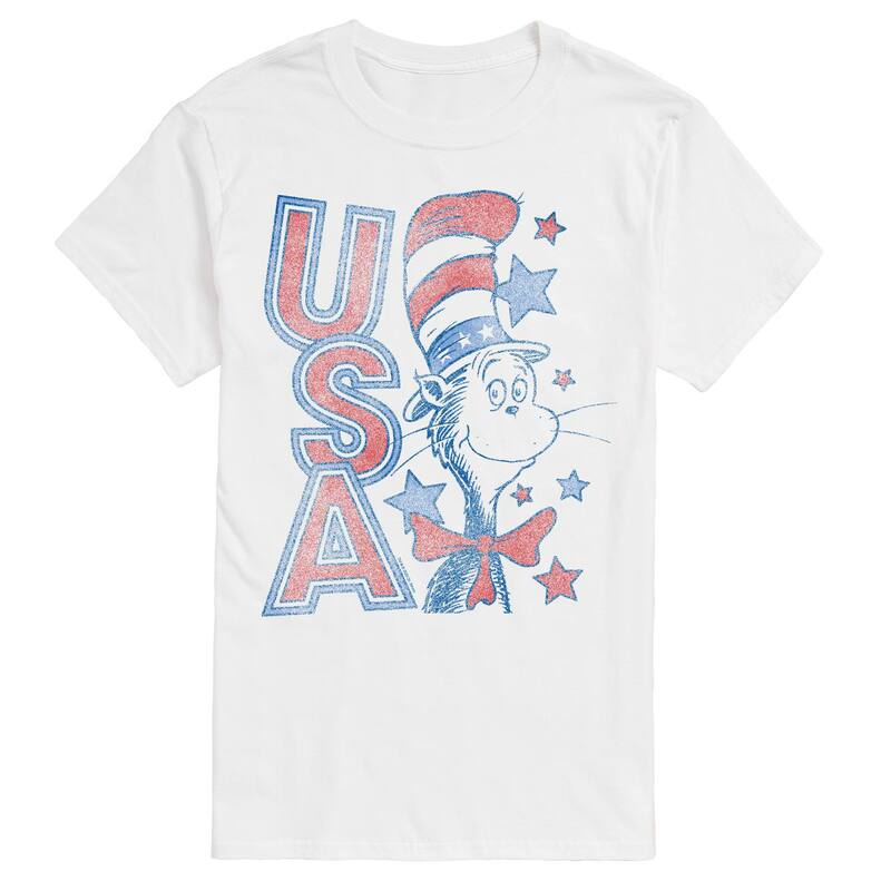 アニメキャラクター レディース トップス Tシャツ グラフィック Licensed Character Men's The Cat In The Hat USA Distressed Graphic Tee White ホワイト