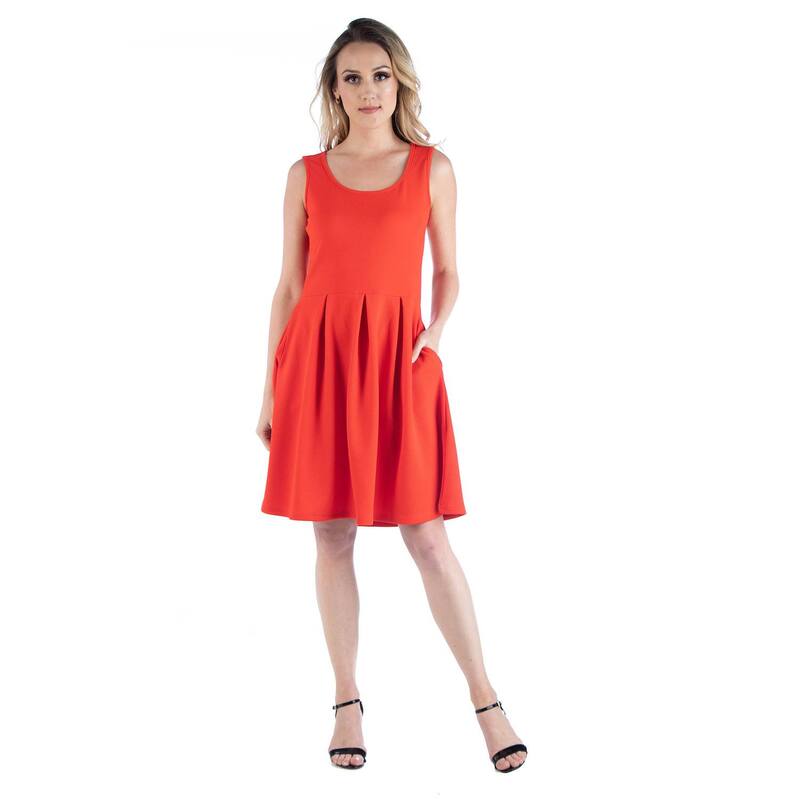 24 セブンコンフォート レディース トップス ワンピース プリーツ ノースリーブ Women's 24seven Comfort Apparel Scoopneck Sleeveless Pleated Skater Dress with Pockets Orange オレンジ|ReVida 店